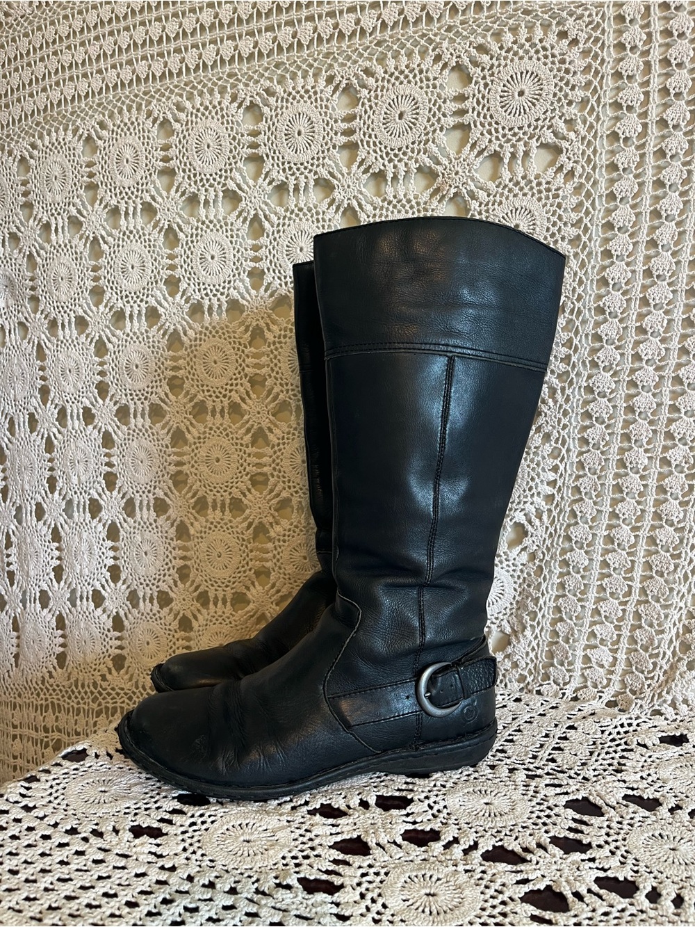 BORN leather moto boots harness buckle womens9 mens7.5 tall riding boots grunge